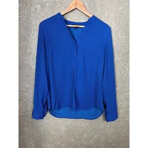 The Limited Blue White Polka Dot Split Neck Blouse Top Roll Tab Sleeves Size M